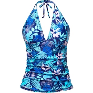 image:imageWomens Halter Tankini Top V Neck Swim Top Tummy Control Bathing Suit  Adjustable Straps Removable Cups Backless Full lining Dry Quickly Full Torso Modesty Via Long HemBlue Leaf