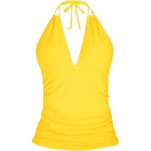 image:imageWomens Halter Tankini Top V Neck Swim Top Tummy Control Bathing Suit  Adjustable Straps Removable Cups Backless Full lining Dry Quickly Full Torso Modesty Via Long HemYellow 01
