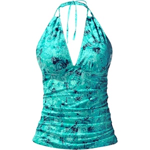 image:imageWomens Halter Tankini Top V Neck Swim Top Tummy Control Bathing Suit  Adjustable Straps Removable Cups Backless Full lining Dry Quickly Full Torso Modesty Via Long HemBlue Paisley 02