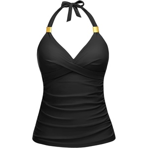 image:imageWomens Halter Tankini Top V Neck Swim Top Tummy Control Bathing Suit  Adjustable Straps Removable Cups Backless Full lining Dry Quickly Full Torso Modesty Via Long HemBlack03