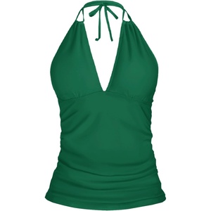 image:imageWomens Halter Tankini Top V Neck Swim Top Tummy Control Bathing Suit  Adjustable Straps Removable Cups Backless Full lining Dry Quickly Full Torso Modesty Via Long HemGreen