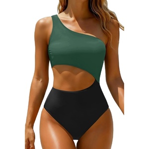 image:imageWomens One Piece Swimsuit One Shoulder Cutout Tummy Control Bathing Suit  Wide Strap Removable Pads Full Coverage Full Lined Colorblack Sexy Chafefree skin via claspfree backGreen and Black