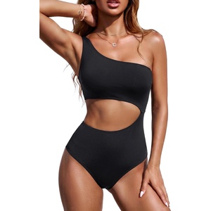 image:imageWomens One Piece Swimsuit One Shoulder Cutout Tummy Control Bathing Suit  Wide Strap Removable Pads Full Coverage Full Lined Colorblack Sexy Chafefree skin via claspfree backBlack