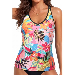 image:imageWomens Tankini Top Only Athletic Swim Top Modest Tankini Swimsuit No Bottom  V Neck Adjustable Strap Cross Geometric Straps Removable cup Loose fit Full LiningColorful Floral