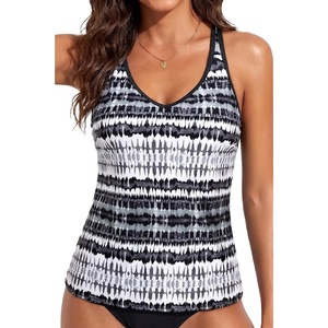 image:imageWomens Tankini Top Only Athletic Swim Top Modest Tankini Swimsuit No Bottom  V Neck Adjustable Strap Cross Geometric Straps Removable cup Loose fit Full LiningBlack and White