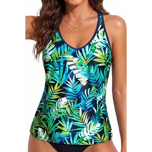 image:imageWomens Tankini Top Only Athletic Swim Top Modest Tankini Swimsuit No Bottom  V Neck Adjustable Strap Cross Geometric Straps Removable cup Loose fit Full LiningGreen Leaves