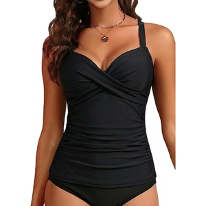 image:imageWomens Underwire Tankini Top Only Tummy Control Push Up Swimsuit Top  Twist Front Sweetheart Neckline Unremovable Cups Push Up Bra Criss Cross Back Adjustable StrapsBlack