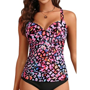 image:imageWomens Underwire Tankini Top Only Tummy Control Push Up Swimsuit Top  Twist Front Sweetheart Neckline Unremovable Cups Push Up Bra Criss Cross Back Adjustable StrapsColorful Leopard