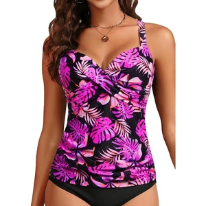 image:imageWomens Underwire Tankini Top Only Tummy Control Push Up Swimsuit Top  Twist Front Sweetheart Neckline Unremovable Cups Push Up Bra Criss Cross Back Adjustable StrapsPink Floral
