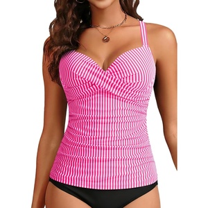 image:imageWomens Underwire Tankini Top Only Tummy Control Push Up Swimsuit Top  Twist Front Sweetheart Neckline Unremovable Cups Push Up Bra Criss Cross Back Adjustable StrapsPink White Striped