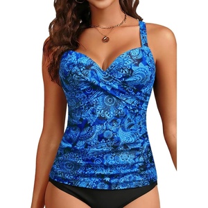 image:imageWomens Underwire Tankini Top Only Tummy Control Push Up Swimsuit Top  Twist Front Sweetheart Neckline Unremovable Cups Push Up Bra Criss Cross Back Adjustable StrapsBlue Paisley