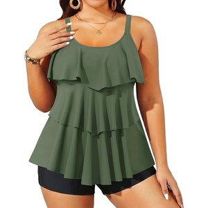 image:imageYonique Plus Size Tankini Swimsuits for Women Two Piece Ruffle Swimsuit  High Waist Shorts 3Layer Ruffle Removable Cups Adjustable StrapsArmy Green