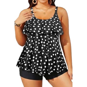 image:imageYonique Plus Size Tankini Swimsuits for Women Two Piece Ruffle Swimsuit  High Waist Shorts 3Layer Ruffle Removable Cups Adjustable StrapsBalck Polka Dots