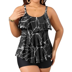 image:imageYonique Plus Size Tankini Swimsuits for Women Two Piece Ruffle Swimsuit  High Waist Shorts 3Layer Ruffle Removable Cups Adjustable StrapsBlack Marbling Print