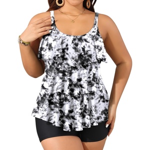 image:imageYonique Plus Size Tankini Swimsuits for Women Two Piece Ruffle Swimsuit  High Waist Shorts 3Layer Ruffle Removable Cups Adjustable StrapsBlack Tie Dye