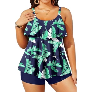 image:imageYonique Plus Size Tankini Swimsuits for Women Two Piece Ruffle Swimsuit  High Waist Shorts 3Layer Ruffle Removable Cups Adjustable StrapsBlue  Green Leaf Tankini