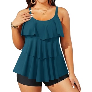 image:imageYonique Plus Size Tankini Swimsuits for Women Two Piece Ruffle Swimsuit  High Waist Shorts 3Layer Ruffle Removable Cups Adjustable StrapsBlue Green Tankini
