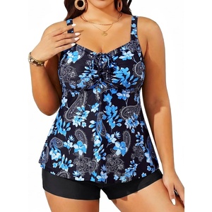 image:imageYonique Plus Size Tankini Swimsuits for Women Two Piece Ruffle Swimsuit  High Waist Shorts 3Layer Ruffle Removable Cups Adjustable StrapsFlowyblack Paisley