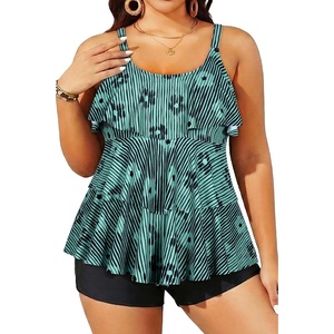 image:imageYonique Plus Size Tankini Swimsuits for Women Two Piece Ruffle Swimsuit  High Waist Shorts 3Layer Ruffle Removable Cups Adjustable StrapsGreen Stripe