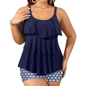 image:imageYonique Plus Size Tankini Swimsuits for Women Two Piece Ruffle Swimsuit  High Waist Shorts 3Layer Ruffle Removable Cups Adjustable StrapsNavy Blue Geometry