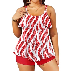image:imageYonique Plus Size Tankini Swimsuits for Women Two Piece Ruffle Swimsuit  High Waist Shorts 3Layer Ruffle Removable Cups Adjustable StrapsRed Ripple