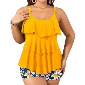 image:imageYonique Plus Size Tankini Swimsuits for Women Two Piece Ruffle Swimsuit  High Waist Shorts 3Layer Ruffle Removable Cups Adjustable StrapsYellow