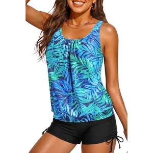 image:imageYonique Women Blouson Tankini Swimsuits Two Piece Bathing Suits with Shorts  Adjustable straps Drawstring side shorts Athletic swim set Add removable cups to customize shapeGreen Leaf