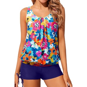 image:imageYonique Women Blouson Tankini Swimsuits Two Piece Bathing Suits with Shorts  Adjustable straps Drawstring side shorts Athletic swim set Add removable cups to customize shapeColorful Flowers