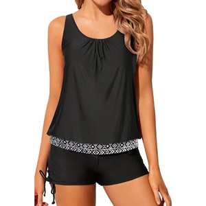 image:imageYonique Women Blouson Tankini Swimsuits Two Piece Bathing Suits with Shorts  Adjustable straps Drawstring side shorts Athletic swim set Add removable cups to customize shapeBlack Geometric