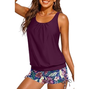 image:imageYonique Women Blouson Tankini Swimsuits Two Piece Bathing Suits with Shorts  Adjustable straps Drawstring side shorts Athletic swim set Add removable cups to customize shapePurple  Leaf