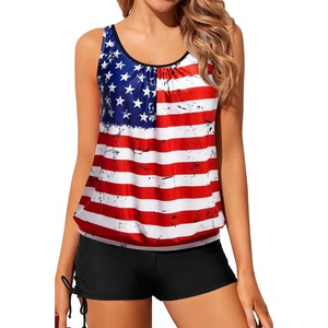 image:imageYonique Women Blouson Tankini Swimsuits Two Piece Bathing Suits with Shorts  Adjustable straps Drawstring side shorts Athletic swim set Add removable cups to customize shapeAmerican Flag