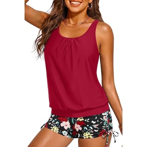 image:imageYonique Women Blouson Tankini Swimsuits Two Piece Bathing Suits with Shorts  Adjustable straps Drawstring side shorts Athletic swim set Add removable cups to customize shapeRed Floral