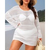 image:imagePlus Size Swimsuit Cover Up Crochet Bathing Suit Short Sleeve Beach Dress  Side slits for fluid movement stylish knit patterns soft skinfriendly acrylic fabricLong Sleeves White