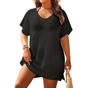 image:imagePlus Size Swimsuit Cover Up Crochet Bathing Suit Short Sleeve Beach Dress  Side slits for fluid movement stylish knit patterns soft skinfriendly acrylic fabricBlack