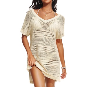 image:imagePlus Size Swimsuit Cover Up Crochet Bathing Suit Short Sleeve Beach Dress  Side slits for fluid movement stylish knit patterns soft skinfriendly acrylic fabricBeige
