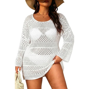 image:imagePlus Size Swimsuit Cover Up Crochet Bathing Suit Short Sleeve Beach Dress  Side slits for fluid movement stylish knit patterns soft skinfriendly acrylic fabricLong Sleeves White
